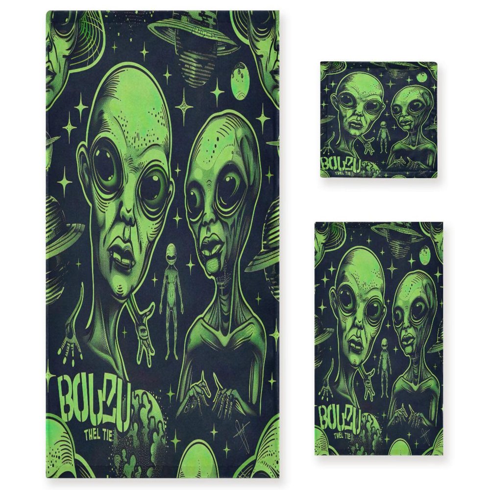 Haskirky Cute Aliens 3 Piece Towel Set,Absorbent Soft Bath Towel Quick Dry Light Weight Hand and Washcloth Set for Gym Bathing Home Shower