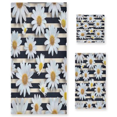 Haskirky Cute Daisy Striped Background 3 Piece Towel Set,Absorbent Soft Bath Towel Quick Dry Light Weight Hand and Washcloth Set for Gym Bathing Home Shower