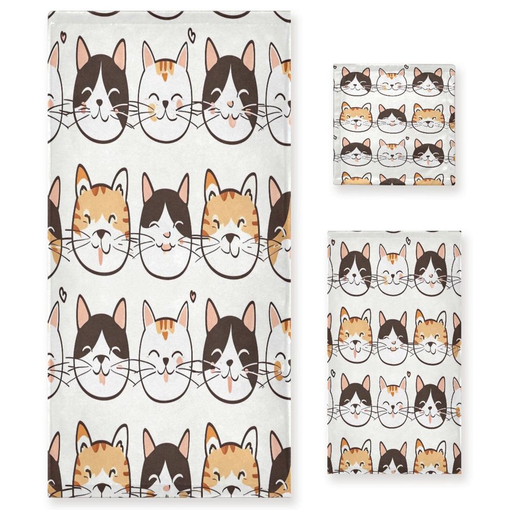 Haskirky Cute Cats 3 Piece Towel Set,Absorbent Soft Bath Towel Quick Dry Light Weight Hand and Washcloth Set for Gym Bathing Home Shower