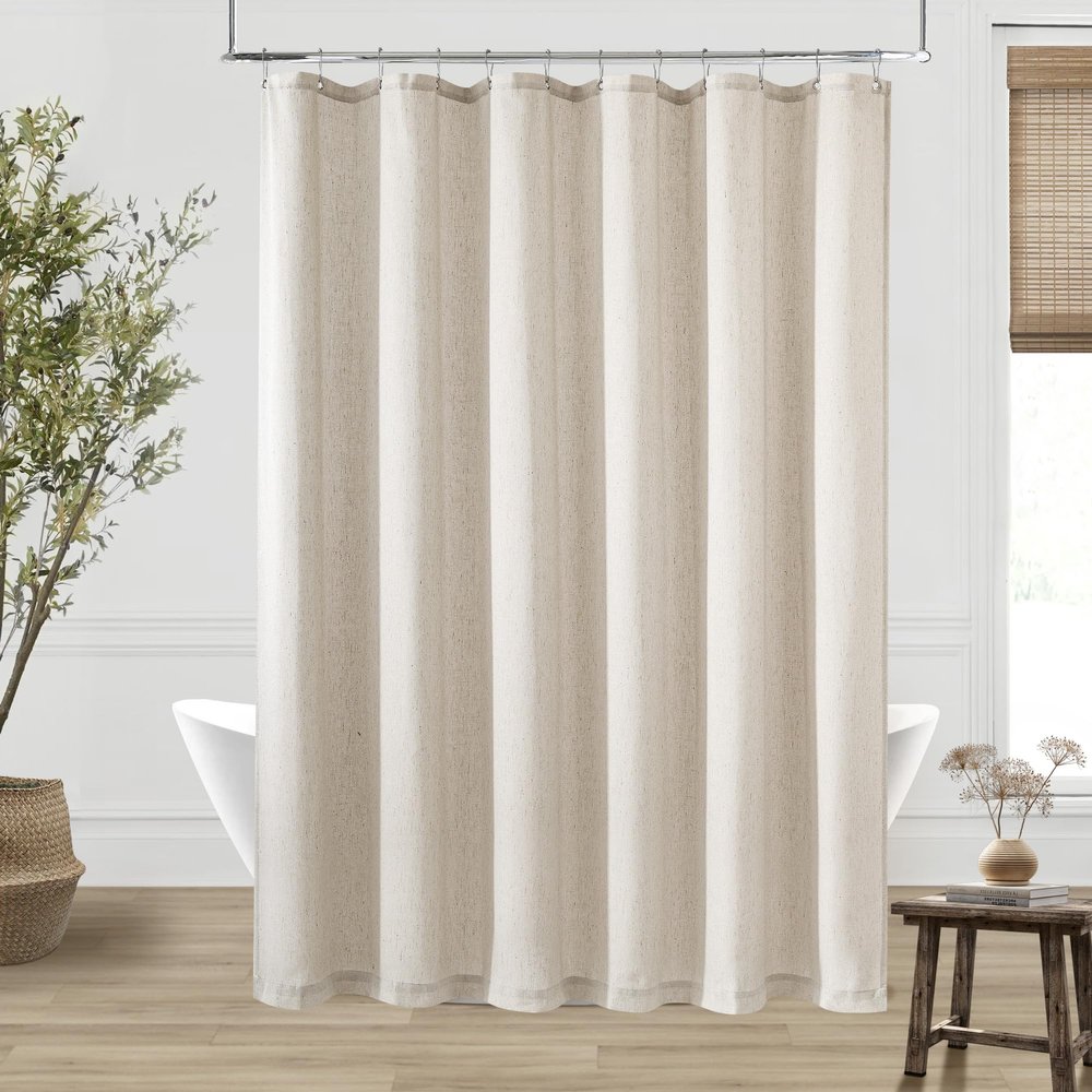 DUKIYO Extra Long Linen Shower Curtain 84 Inch Long Neutral Greige Tan Bath Shower Curtain Set with Hooks XLong Tall Country Farmhouse Boho Drapes for Bathroom, Greyish Beige, 72x84 Drapes