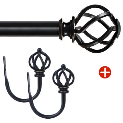 KAMANINA Bundle of 72-144" Curtain Rod and Matched Holdbacks 1 Pair, Twisted Cage Ends, Black