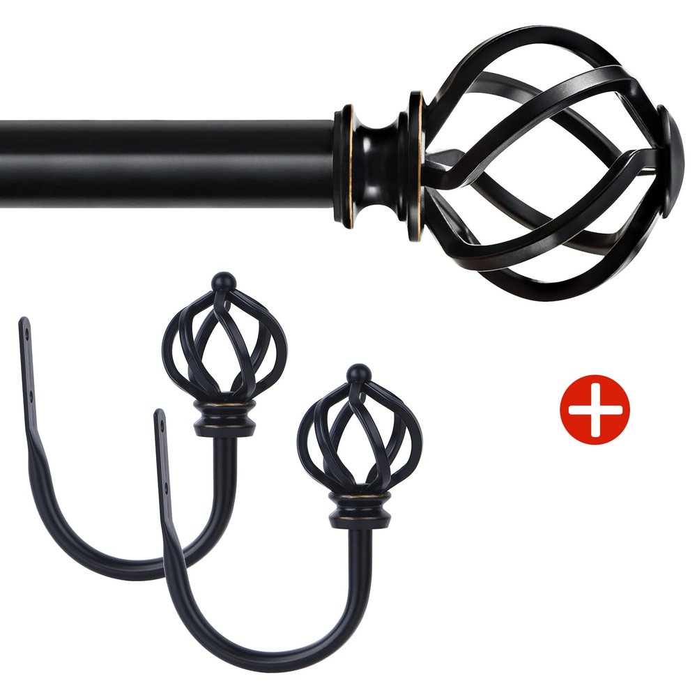 KAMANINA Bundle of 72-144" Curtain Rod and Matched Holdbacks 1 Pair, Twisted Cage Ends, Black