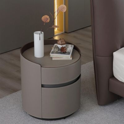 Delucuption Wood Nightstand with 1 Large Drawer and 1 Small Drawer Bedside Table Round Night Stand Modern Simplicity Saddle Leather End Table Durable Convenient for Bedroom and Living Room