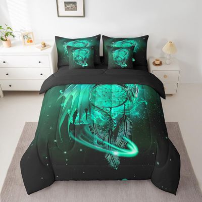 Erosebridal Gothic Dragon Dream Catchers Bed in a Bag King Size Comforter Set 7 Pieces,Teal Galaxy Bohemian Feather Bedding Sets Antique Animal Pterosaur Sheet Set with Comforter