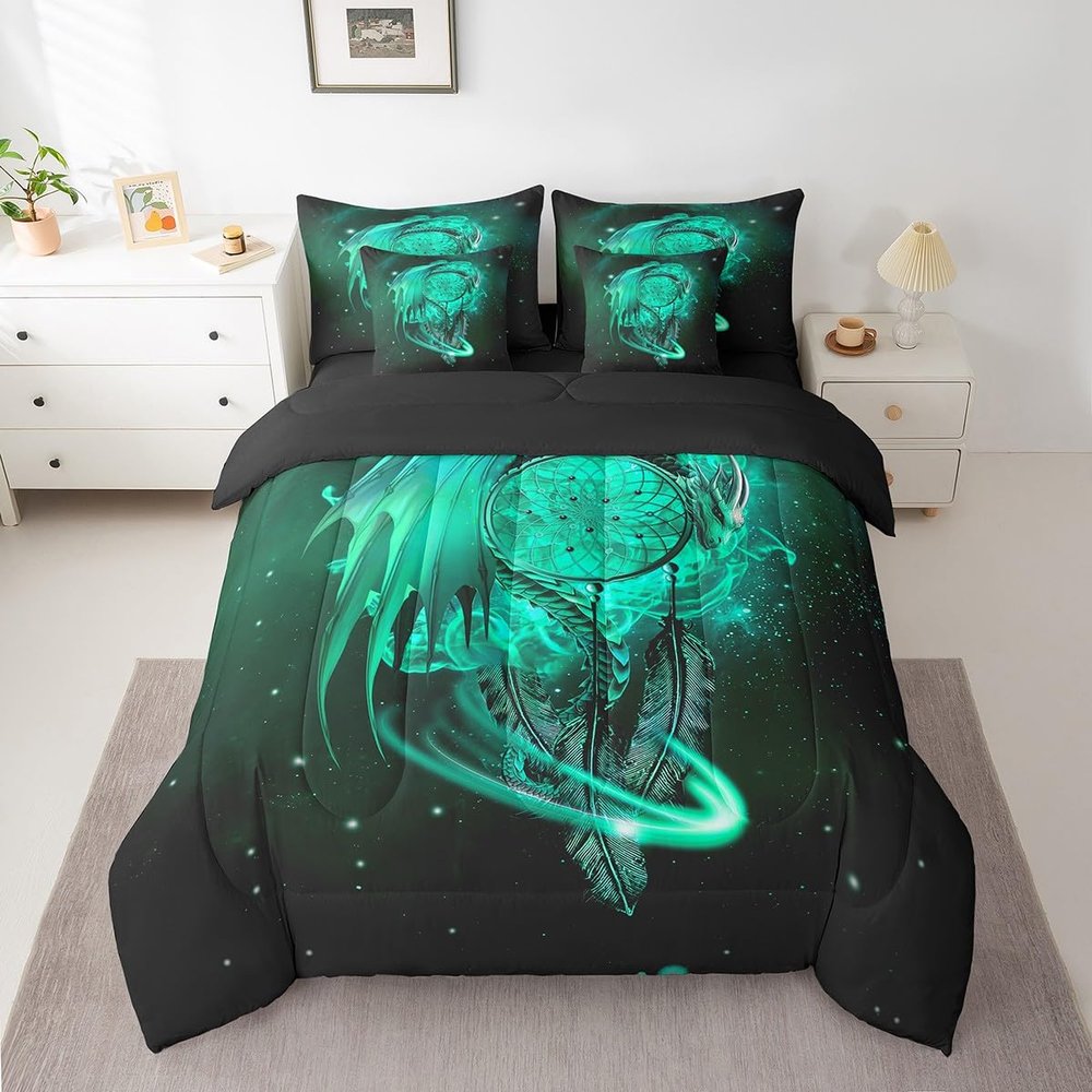 Erosebridal Gothic Dragon Dream Catchers Bed in a Bag King Size Comforter Set 7 Pieces,Teal Galaxy Bohemian Feather Bedding Sets Antique Animal Pterosaur Sheet Set with Comforter