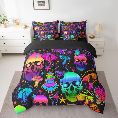 Erosebridal Sugar Skull Bed in a Bag Queen Comforter Set 7 Piece,Gothic Exotic Bone Bedding Sets Rainbow Mushroom Sheet Set with Comforter