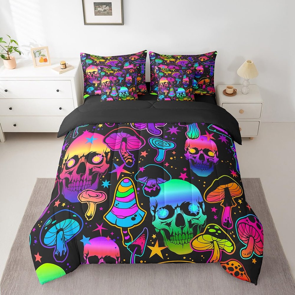 Erosebridal Sugar Skull Bed in a Bag Queen Comforter Set 7 Piece,Gothic Exotic Bone Bedding Sets Rainbow Mushroom Sheet Set with Comforter