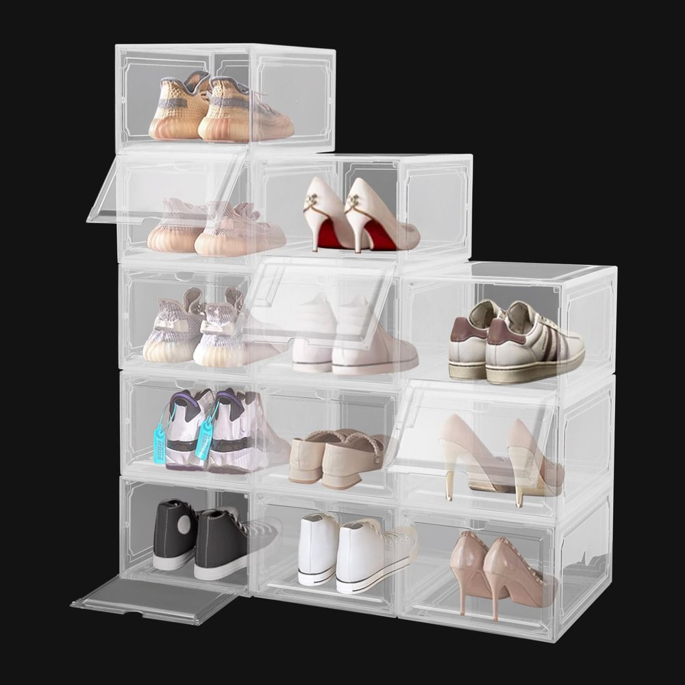 GXFCHYL 12 Pack Shoe Storage Box Acrylic Stackable Shoe Containers Display Case Boot Display Case Sneaker Storage Case (Front Door, Clear)