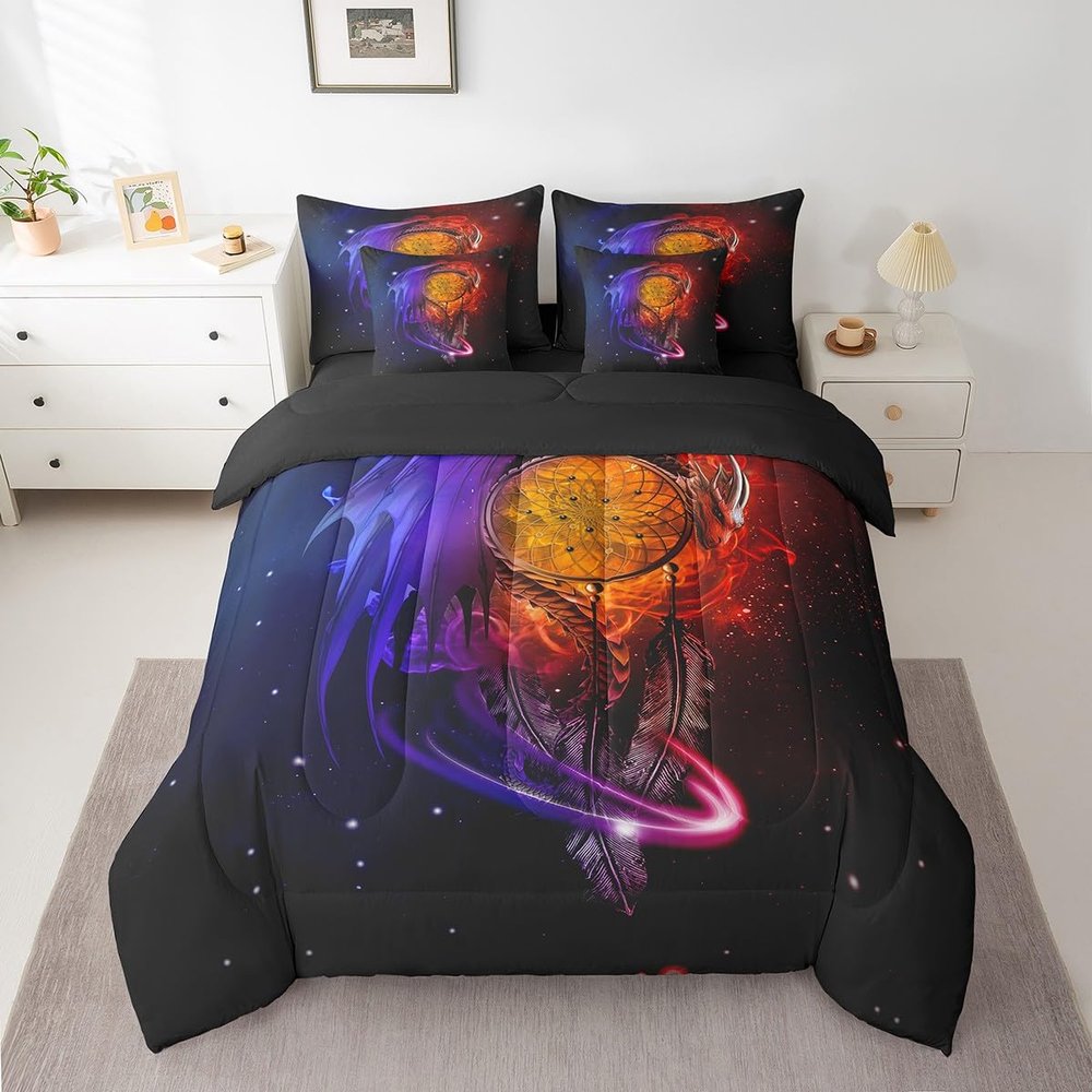 Erosebridal Gothic Dragon Dream Catchers Bed in a Bag Queen Comforter Set 7 Piece,Red Blue Galaxy Bohemian Feather Bedding Sets Antique Animal Pterosaur Sheet Set with Comforter