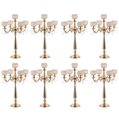 8Pack Gold Candelabra Centerpiece for Wedding,5 Arm Crystal Floor Candlestick Holders for Table Crystal Candelabra Candle Holder for Party,Birthday, Palace Themed Centerpieces