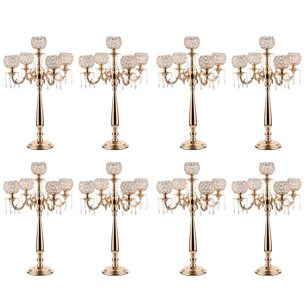 8Pack Gold Candelabra Centerpiece for Wedding,5 Arm Crystal Floor Candlestick Holders for Table Crystal Candelabra Candle Holder for Party,Birthday, Palace Themed Centerpieces