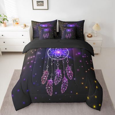 Erosebridal Bohemian Dream Catchers Bed in a Bag Queen Comforter Set 7 Piece,Galaxy Stars Bedding Sets Boho Feather Mandala Sheet Set with Comforter