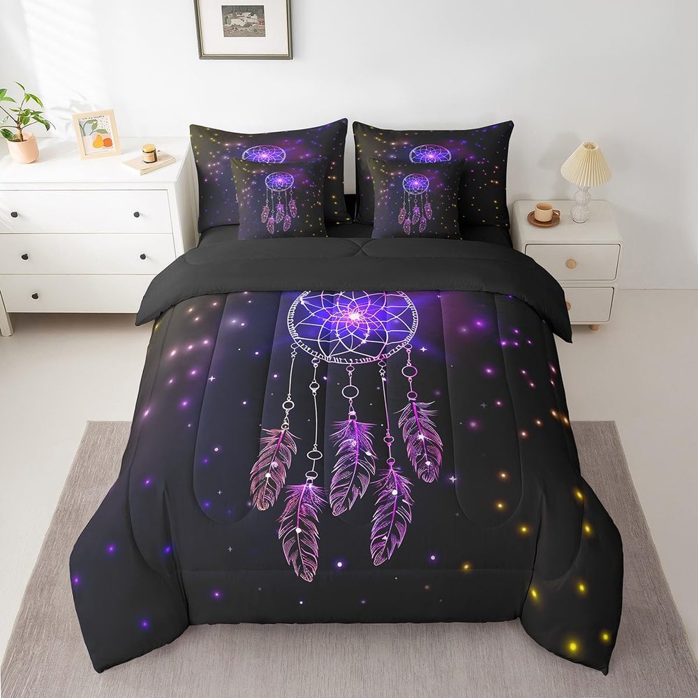 Erosebridal Bohemian Dream Catchers Bed in a Bag Queen Comforter Set 7 Piece,Galaxy Stars Bedding Sets Boho Feather Mandala Sheet Set with Comforter