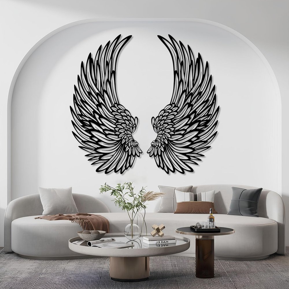 Angel Wings Metal Wall Art - Large Feather Wings Wall Sculpture for Living Room - Home Decor, Housewarming Gift (Black, 12"x24"|31x60cm)