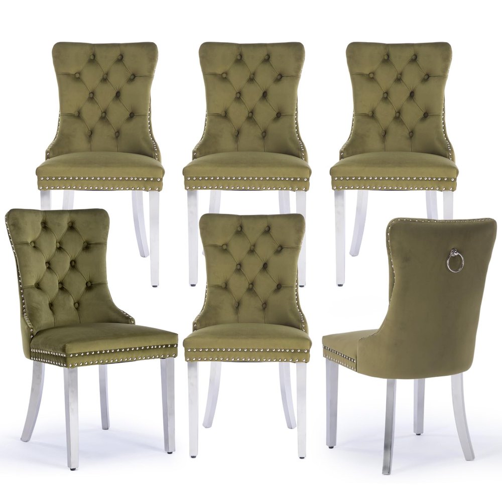 SoarTalent Velvet Upholstered Dining Chairs Set of 6, Modern Kitchen Side Chairs with Nailhead Trim and Silver Plated Leg, Metal Pulling Ring for Dining Room Living Room(Olive Green-Silver Plated Leg)
