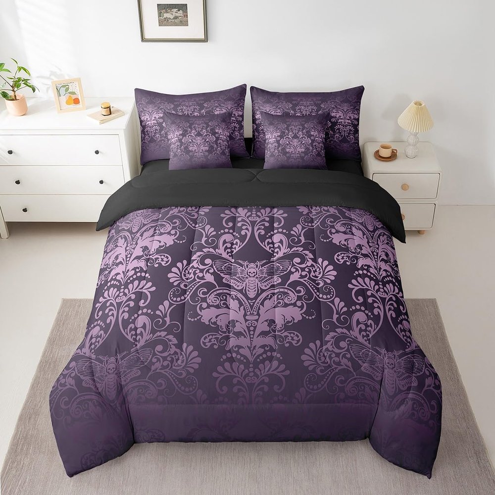 Erosebridal Gothic Damask Comforter Set 7 Piece Bed in a Bag Twin,Exotic Moth Bedding Sets Purple Victorian Floral Goth Sheet Set with Comforter