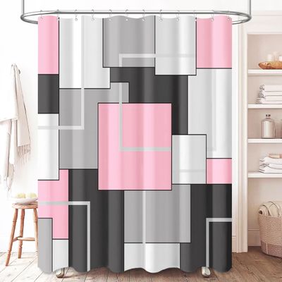 BTTN 96 Inch Extra Long Shower Curtain, 72x96 Geometric Waterproof Fabric Shower Curtain Set with Plastic Hooks, Extra Tall Hotel Spa Decorative Luxury Modern Cloth Shower Curtain for Bathroom, Pink
