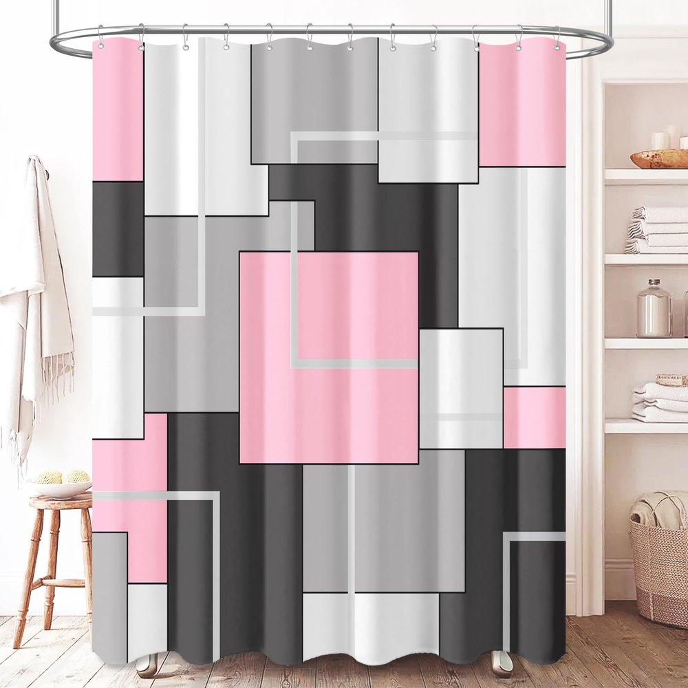 BTTN 96 Inch Extra Long Shower Curtain, 72x96 Geometric Waterproof Fabric Shower Curtain Set with Plastic Hooks, Extra Tall Hotel Spa Decorative Luxury Modern Cloth Shower Curtain for Bathroom, Pink