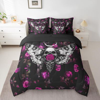 Erosebridal Gothic Sugar Skull Moth 7 Piece Comforter Set Full Bed in a Bag,Peach Fuchsia Rose Flowers Bedding Sets Goth Skeleton Butterfly Sheet Set with Comforter