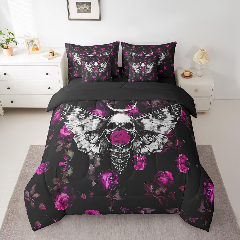 Erosebridal Gothic Sugar Skull Moth 7 Piece Comforter Set Full Bed in a Bag,Peach Fuchsia Rose Flowers Bedding Sets Goth Skeleton Butterfly Sheet Set with Comforter