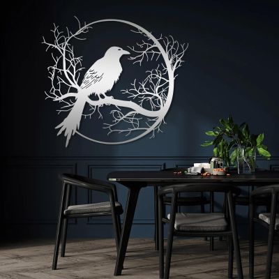 LARNT Raven on the Branch Metal Wall Art, Crow Wall Decor, Tree Branch Sign, Raven Wall Hanging, Metal Birds Outdoor Decor, Gothic Art, Farmhouse Wall Decor (Silver, 21"x24"|54x60cm)