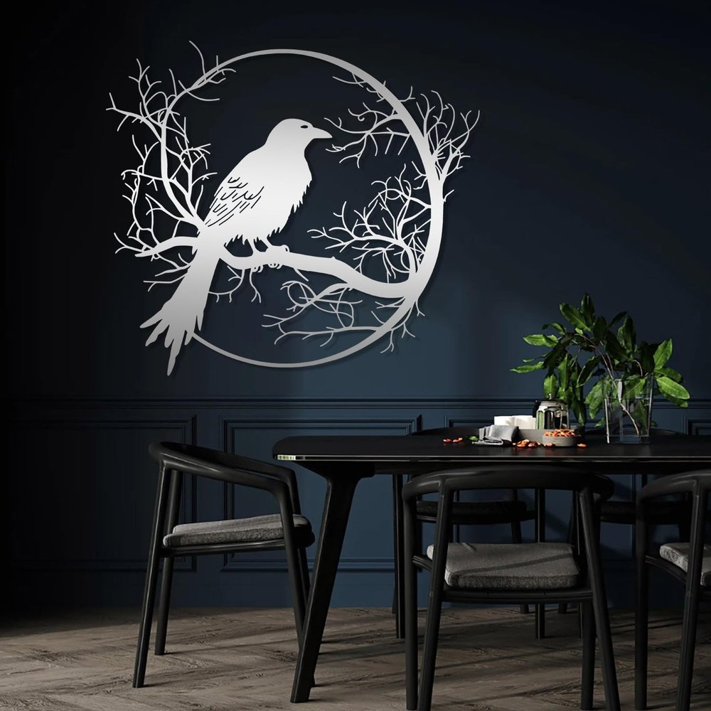 LARNT Raven on the Branch Metal Wall Art, Crow Wall Decor, Tree Branch Sign, Raven Wall Hanging, Metal Birds Outdoor Decor, Gothic Art, Farmhouse Wall Decor (Silver, 21"x24"|54x60cm)