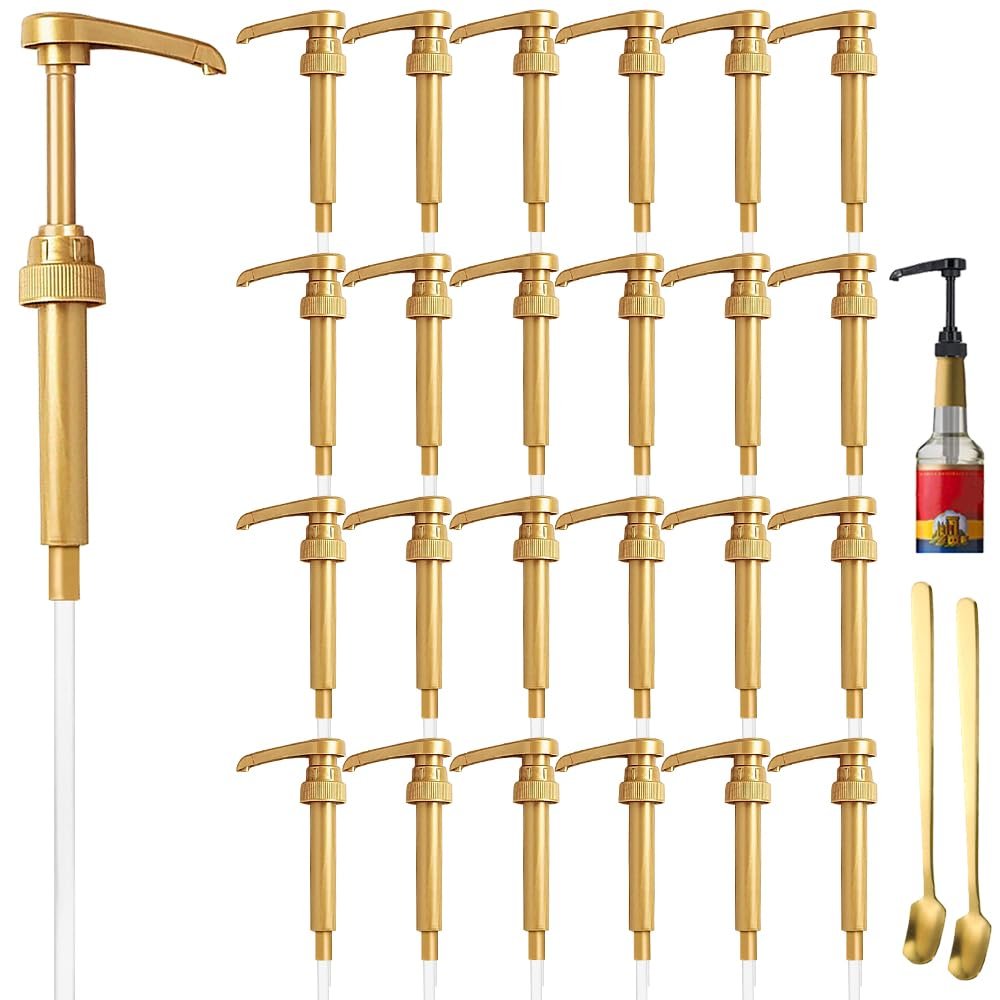 25 Pcs Gold Coffee Syrup Pumps, Compatible with 25.4 Oz/750ml Bottles, Great for Home & Coffee Bar Drinking Mixes, Tea, Beverage, Cocktails, Plus Spoons