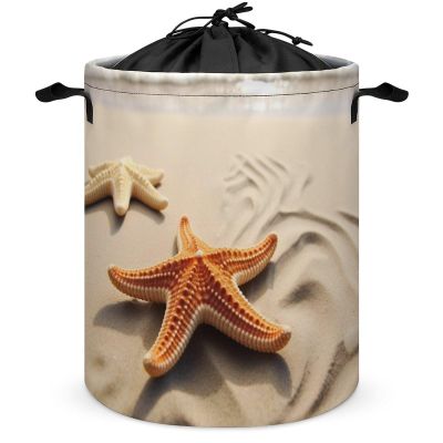 Laundry Basket Freestanding Laundry Hamper Large Starfish on The Sand Beach Landscape Laundry Basket with Fixed Drawstring Collapsible Dirty Clothes Hamper Storage Bag for Bedroom