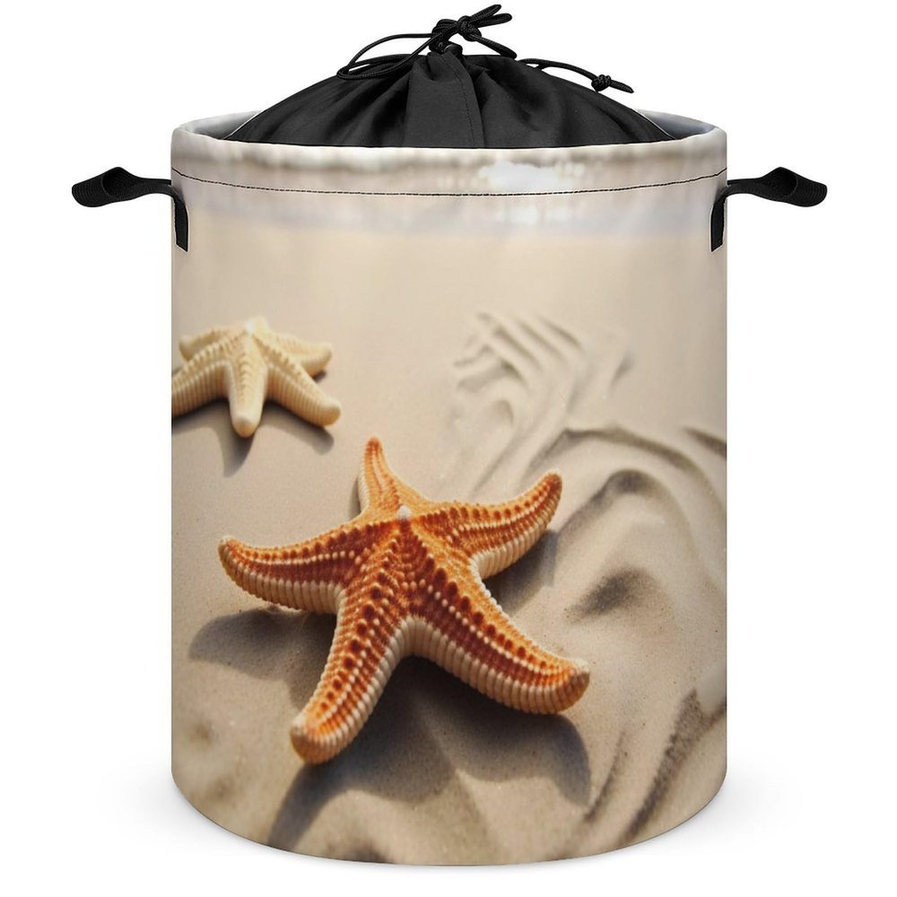 Laundry Basket Freestanding Laundry Hamper Large Starfish on The Sand Beach Landscape Laundry Basket with Fixed Drawstring Collapsible Dirty Clothes Hamper Storage Bag for Bedroom