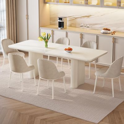 Guyii 78.97" White Dining Table Set, Modern Rectangular Kitchen Table with 6 Chairs, Indoor Dining Table for Kitchen, Bar, Living Room, Small Space, Easy Assembly