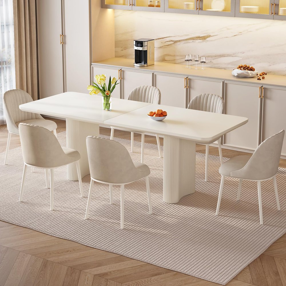 Guyii 78.97" White Dining Table Set, Modern Rectangular Kitchen Table with 6 Chairs, Indoor Dining Table for Kitchen, Bar, Living Room, Small Space, Easy Assembly