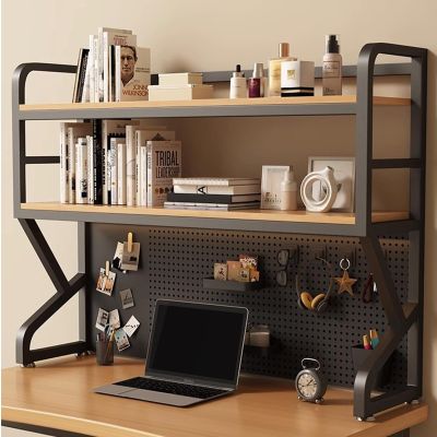 2-Tier Metal Desktop Bookcase For Computer Desk - Desk Shelf Organizer, Multipurpose Wood Countertop Hutch Bookshelf, Adjustable Display Shelf Rack Organizer For Dorm Office Home(130*25*93cm)