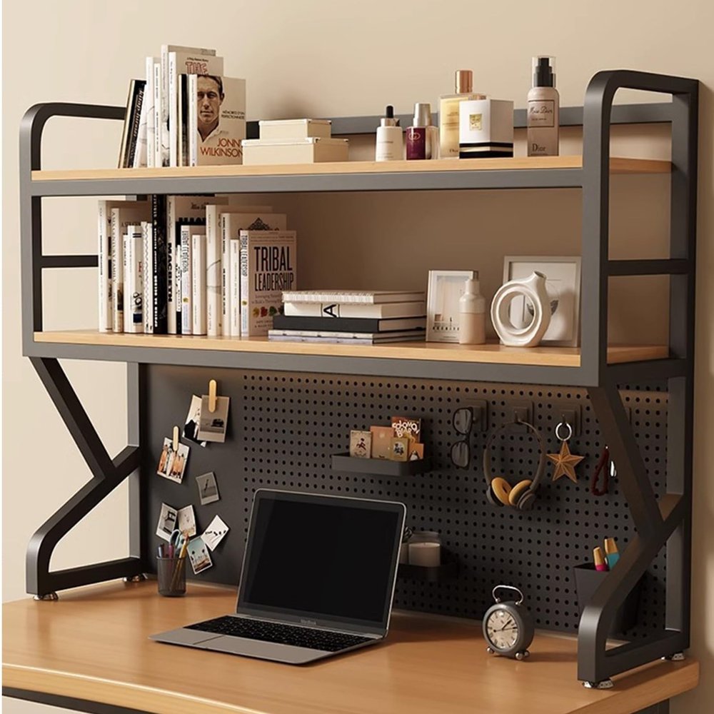 2-Tier Metal Desktop Bookcase For Computer Desk - Desk Shelf Organizer, Multipurpose Wood Countertop Hutch Bookshelf, Adjustable Display Shelf Rack Organizer For Dorm Office Home(130*25*93cm)