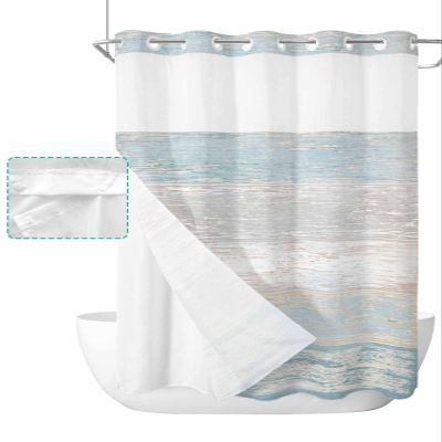 PIEPLE No Hook Shower Curtains with Snap in Liner, Blue Beige Farmhouse Waterproof Fabric Shower Curtain, Vintage Wooden Striped Double Layers & See-Through Top Window Bathroom Curtains 60''x72''
