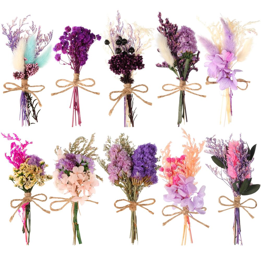 VAIPI 10 Pack Dried Flowers Bouquet Purple Dried Flower with Stem Real Natural Mini Dry Flower Bundles Spring Wildflowers Floral Arrangement for Vase Crafts DlY Wedding Home Decor (Purple Series)