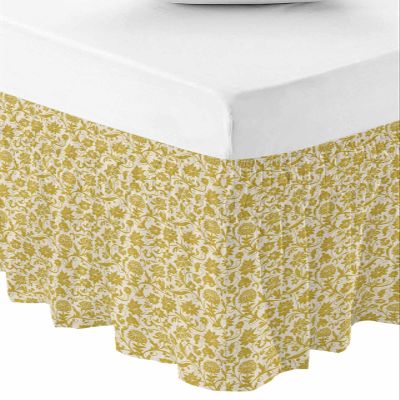 RisQiten Vintage Botanical Yellow Bed Skirt Queen Size 16 Inch Drop, Adjustable Elastic Bedskirt Dust Ruffle for Queen Bed, Farmhouse Ethnic Floral Wrap Around Bed Skirts Pleated Bed Frame Cover