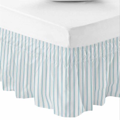 RisQiten Blue Striped Bed Skirt Cal King Size 18 Inch Drop, Adjustable Elastic Bedskirt Dust Ruffle for Cal King Bed, Blue White Stripes Farmhouse Wrap Around Bed Skirts Pleated Bed Frame Cover
