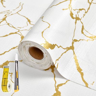 Drawer and Shelf Liner for Kitchen Cabinet Non Slip Waterproof Shelf Paper 12 in X 30 Ft Non Adhesive Refrigerator Liners Gold White Marble Easy Liners for Bathroom Cupboard