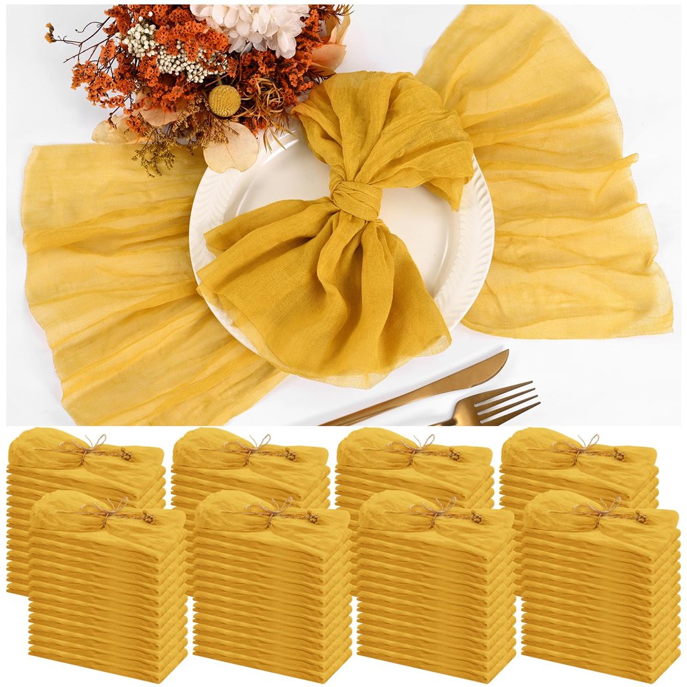 100 Pieces Cloth Napkins Gold Dinner Cheesecloth Napkins for Wedding,Wrinkled Cloth Napkins Bulk for Home Party Rustic Table Decoration, 17 x 17 Inch