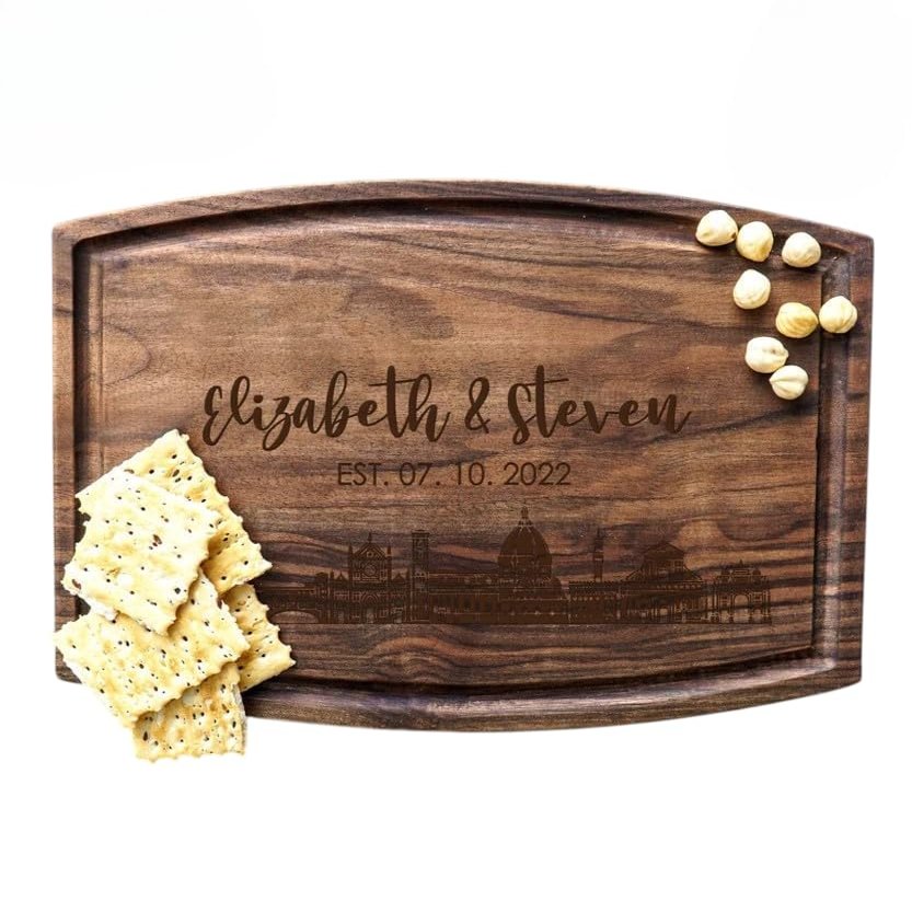 Custom Handcrafted City Skyline or Map Cutting Board Personalized Silhouette, Names & Dates Engraved Tray Solid Wooden Charcuterie Board Rustic Wedding, Anniversary, Housewarming or Realtor Gift
