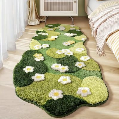 24''*63'' Green Moss Rug Cute Flower 3D Moss Bath Mat, Shaggy Tufted Non Slip Washable Water Absorbent Microfiber Rug, Boho Trendy Home Decor for Bathroom Bedroom Kitchen Dorm