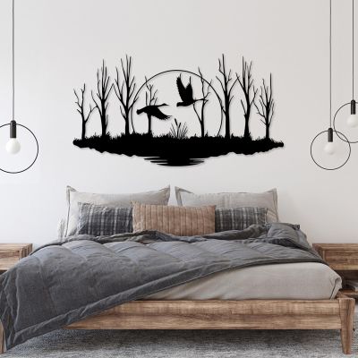 SZI Metal Birds Wall Decor, Lake and Flying Geese Wall Art, Geese Metal Wall Art, Nature Art Wall Decor, Wildlife Wall Art for Living Room (30"x16" | 76x41cm, Black)