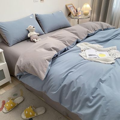 4 Piece Bedding Set Double Bed, Checked Duvet Cover Set Soft Cotton Twill Reversible Quilt Covers Sets Simple Breathable with 1x Sheet, 2X Pillowcase 1x Quilt Cover,Blue 2,Twin XL