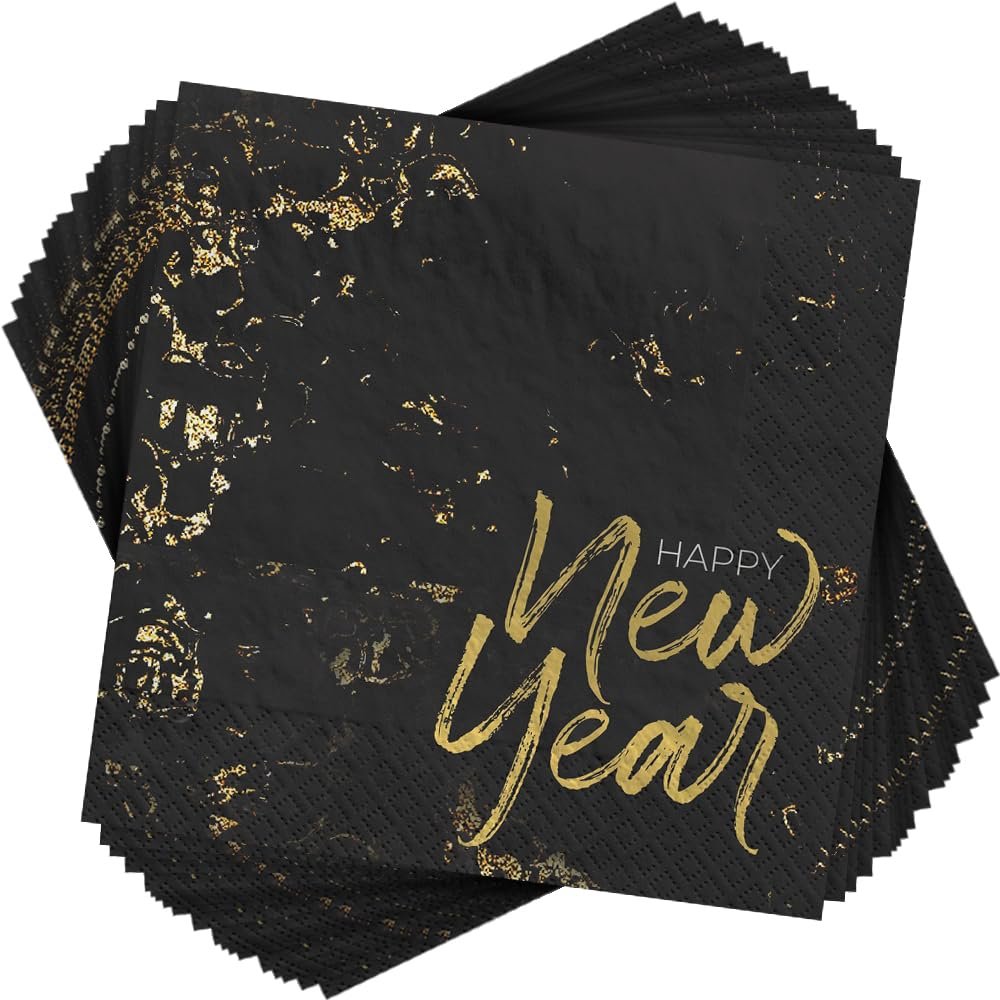 Cheers For The New Year Luncheon Black Paper Napkins (6.5" x 6.5") 40 Count - Premium Quality & Absorbent Napkins, Perfect For New Year Parties & Events
