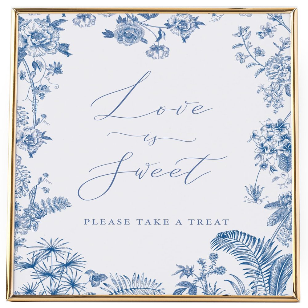 Love is Sweet Wedding Favors Sign, Blue and White Wedding Signs, Chinoiserie Floral Design on Thick Cardstock by Gandy Designs