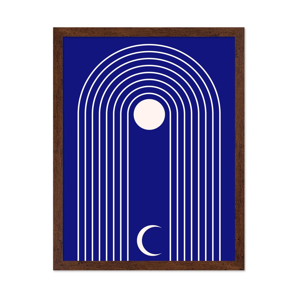 Poster Master Blue Geometric Print - Moon Poster - Modern Lunar Art - Aesthetic Wall Design - Gift for Men & Women - Boho Decor for Office, Living Room or Bedroom - 16x20 Brown Framed