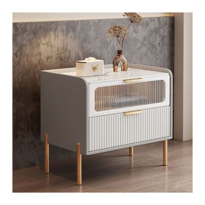 Bedside Table Modern Grey Nightstand with Elegant Rock Slab Countertops, Bedside Tables with Glass Decorative Door, End Table Side Table 2 Tiers Storage Space for Bedroom, Living Room Headboard Frame(