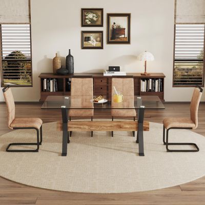 5 Piece Glass Dining Table Set, Kitchen Table Chairs Set for 4, 71'' Dining Table with 0.4" Tempered Glass Tabletop with Plated Metal Legs and MDF Crossbar, 4 PU Chairs for Dining Room, Kitchen.