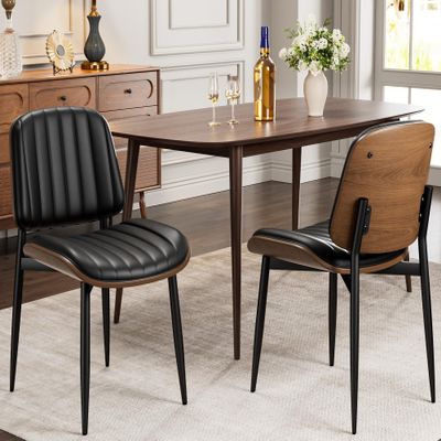 REONEY Dining Chairs Set of 2, Mid-Century Modern Upholstered PU Leather Chairs with Walnut Bentwood Back and Metal Legs Adjustable Feet for Kitchen Dining Living Room, Dark Black Vertical Stripes