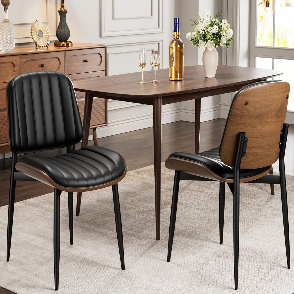 REONEY Dining Chairs Set of 2, Mid-Century Modern Upholstered PU Leather Chairs with Walnut Bentwood Back and Metal Legs Adjustable Feet for Kitchen Dining Living Room, Dark Black Vertical Stripes